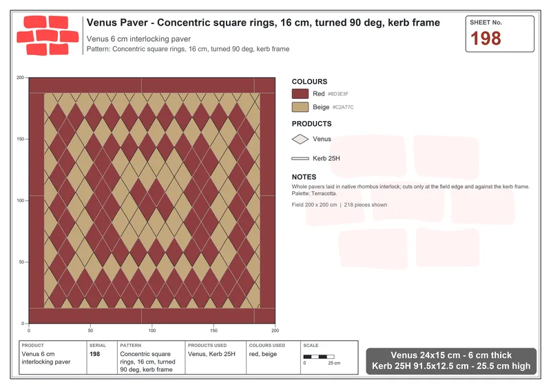 Interlock (Pasco) 24x15 cm · VEN-198 · Concentric square rings, 16 cm, turned 90 deg, kerb frame · Laying plan