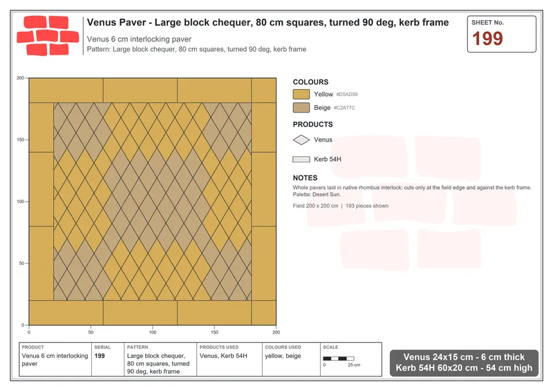 Interlock (Pasco) 24x15 cm · VEN-199 · Large block chequer, 80 cm squares, turned 90 deg, kerb frame · Laying plan