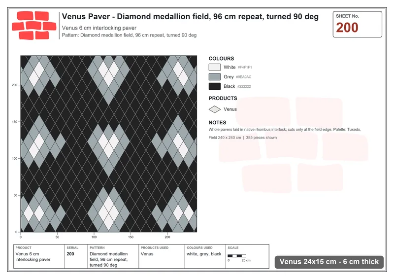 Interlock (Pasco) 24x15 cm · VEN-200 · Diamond medallion field, 96 cm repeat, turned 90 deg · Laying plan