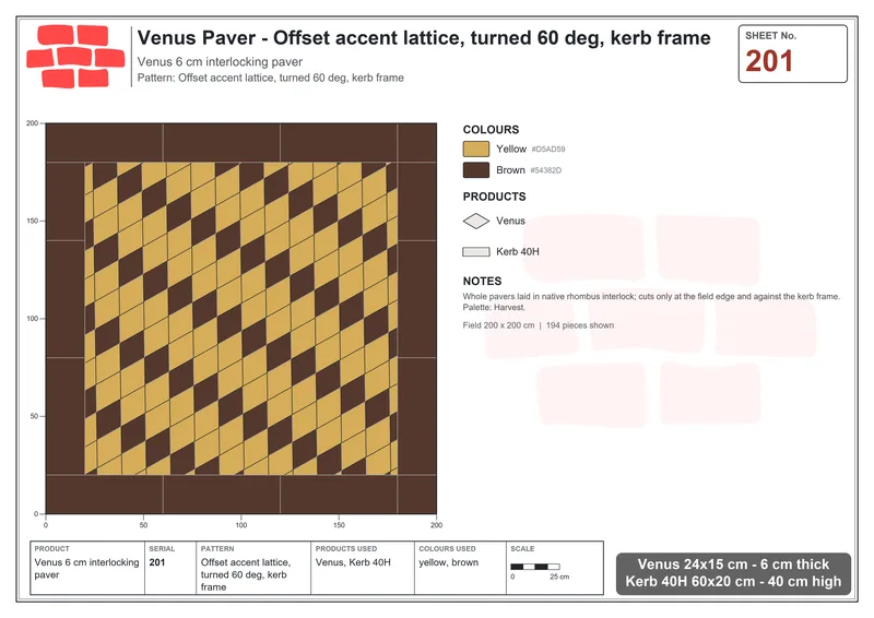 Interlock (Pasco) 24x15 cm · VEN-201 · Offset accent lattice, turned 60 deg, kerb frame · Laying plan