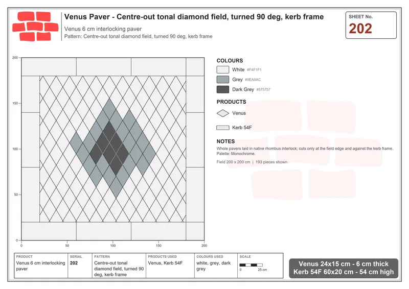 Interlock (Pasco) 24x15 cm · VEN-202 · Centre-out tonal diamond field, turned 90 deg, kerb frame · Laying plan
