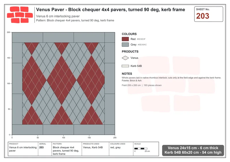 Interlock (Pasco) 24x15 cm · VEN-203 · Block chequer 4x4 pavers, turned 90 deg, kerb frame · Laying plan