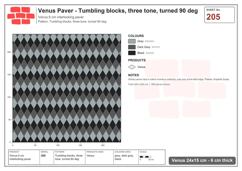 Interlock (Pasco) 24x15 cm · VEN-205 · Tumbling blocks, three tone, turned 90 deg · Laying plan