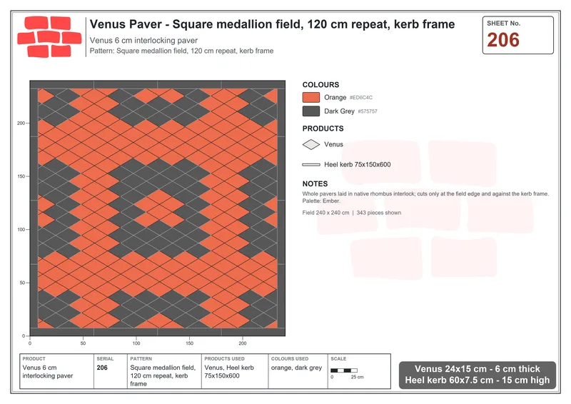 Interlock (Pasco) 24x15 cm · VEN-206 · Square medallion field, 120 cm repeat, kerb frame · Laying plan
