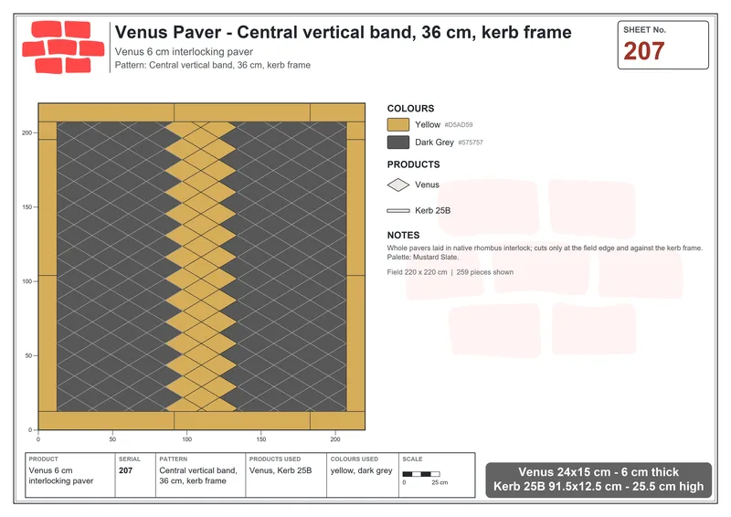 Interlock (Pasco) 24x15 cm · VEN-207 · Central vertical band, 36 cm, kerb frame · Laying plan