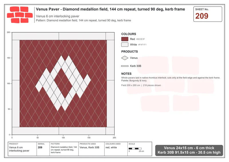 Interlock (Pasco) 24x15 cm · VEN-209 · Diamond medallion field, 144 cm repeat, turned 90 deg, kerb frame · Laying plan