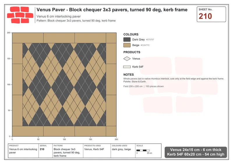 Interlock (Pasco) 24x15 cm · VEN-210 · Block chequer 3x3 pavers, turned 90 deg, kerb frame · Laying plan