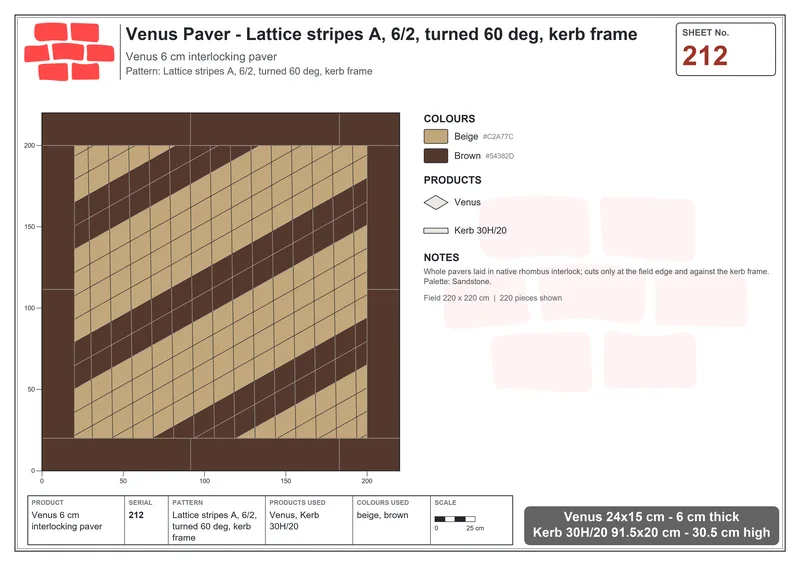 Interlock (Pasco) 24x15 cm · VEN-212 · Lattice stripes A, 6/2, turned 60 deg, kerb frame · Laying plan