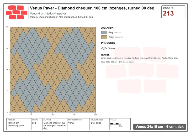 Interlock (Pasco) 24x15 cm · VEN-213 · Diamond chequer, 100 cm lozenges, turned 90 deg · Laying plan
