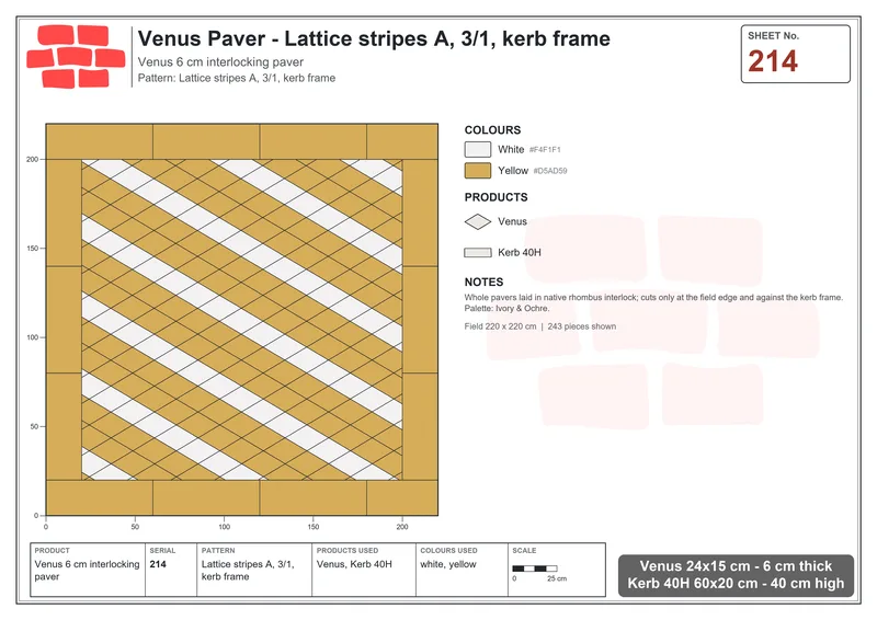 Interlock (Pasco) 24x15 cm · VEN-214 · Lattice stripes A, 3/1, kerb frame · Laying plan