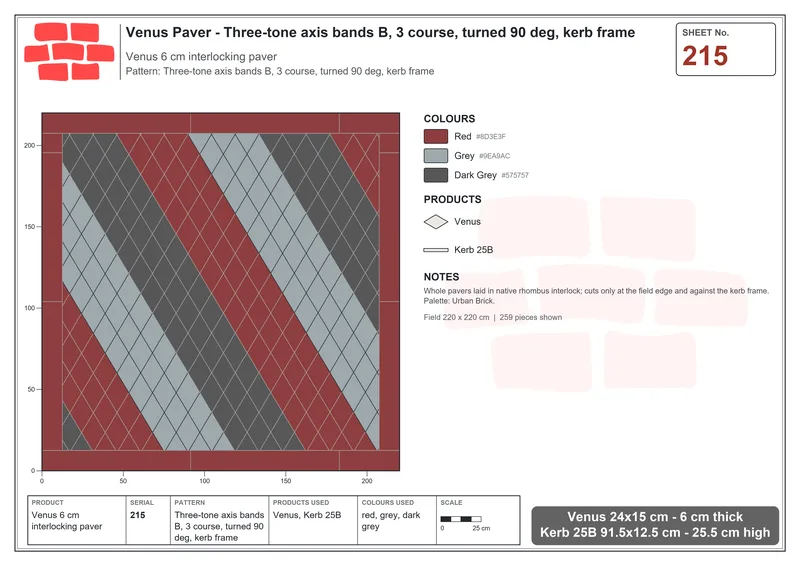 Interlock (Pasco) 24x15 cm · VEN-215 · Three-tone axis bands B, 3 course, turned 90 deg, kerb frame · Laying plan
