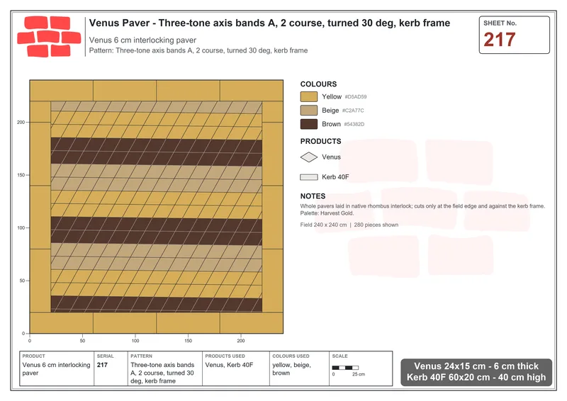 Interlock (Pasco) 24x15 cm · VEN-217 · Three-tone axis bands A, 2 course, turned 30 deg, kerb frame · Laying plan