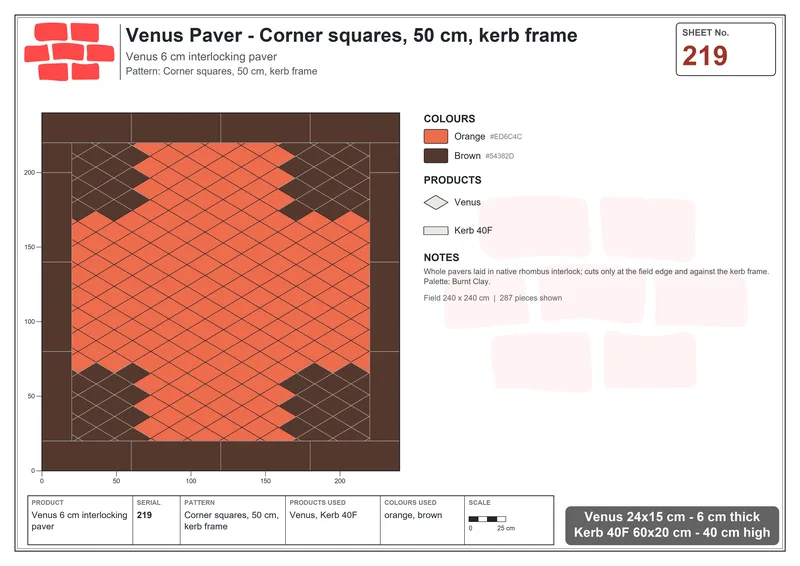 Interlock (Pasco) 24x15 cm · VEN-219 · Corner squares, 50 cm, kerb frame · Laying plan