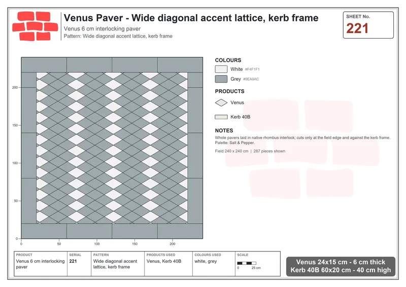 Interlock (Pasco) 24x15 cm · VEN-221 · Wide diagonal accent lattice, kerb frame · Laying plan
