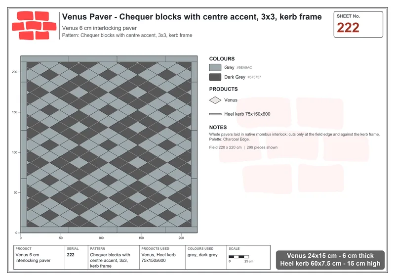 Interlock (Pasco) 24x15 cm · VEN-222 · Chequer blocks with centre accent, 3x3, kerb frame · Laying plan