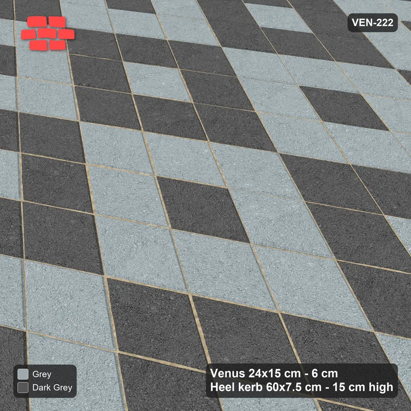 Interlock (Pasco) 24x15 cm · VEN-222 · Chequer blocks with centre accent, 3x3, kerb frame · Side view Interlock (Pasco) 24x15 cm · VEN-222 · Chequer blocks with centre accent, 3x3, kerb frame · Side view