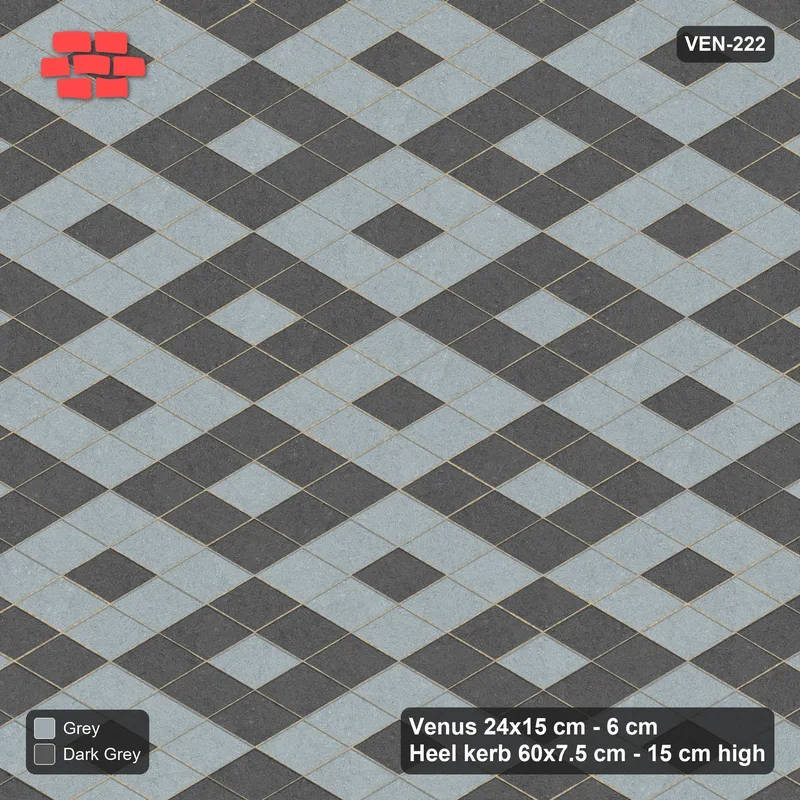 Interlock (Pasco) 24x15 cm · VEN-222 · Chequer blocks with centre accent, 3x3, kerb frame · Top view Interlock (Pasco) 24x15 cm · VEN-222 · Chequer blocks with centre accent, 3x3, kerb frame · Top view
