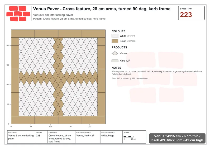 Interlock (Pasco) 24x15 cm · VEN-223 · Cross feature, 28 cm arms, turned 90 deg, kerb frame · Laying plan