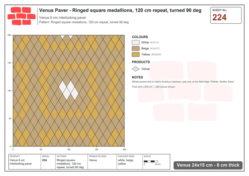 Interlock (Pasco) 24x15 cm · VEN-224 · Ringed square medallions, 120 cm repeat, turned 90 deg · Laying plan