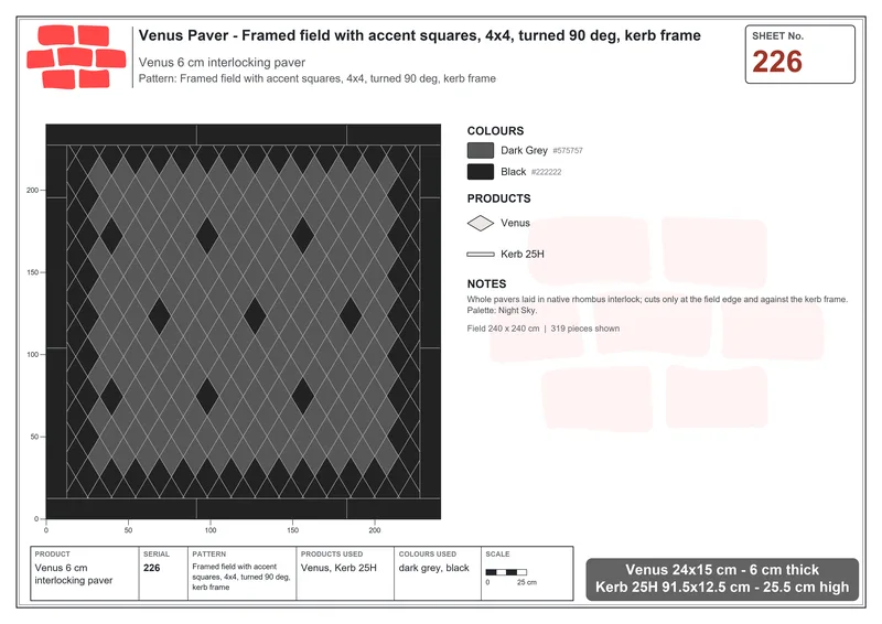 Interlock (Pasco) 24x15 cm · VEN-226 · Framed field with accent squares, 4x4, turned 90 deg, kerb frame · Laying plan