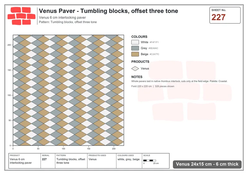 Interlock (Pasco) 24x15 cm · VEN-227 · Tumbling blocks, offset three tone · Laying plan