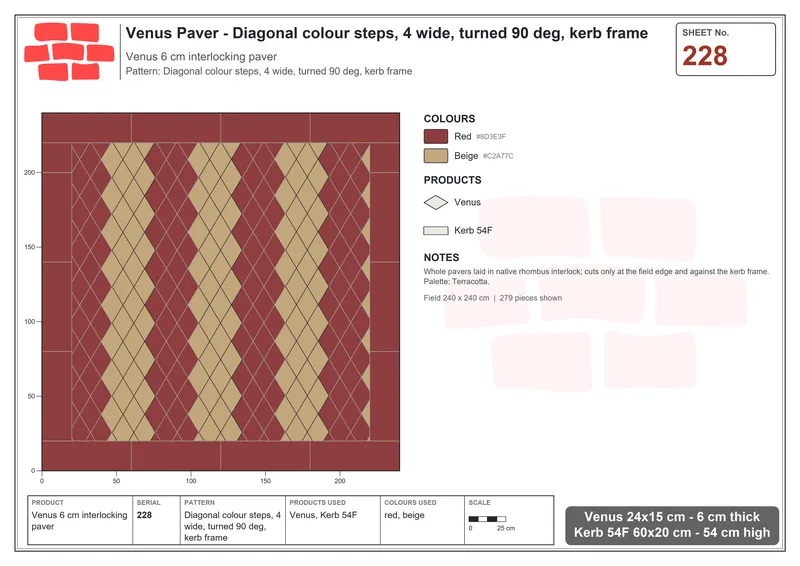 Interlock (Pasco) 24x15 cm · VEN-228 · Diagonal colour steps, 4 wide, turned 90 deg, kerb frame · Laying plan