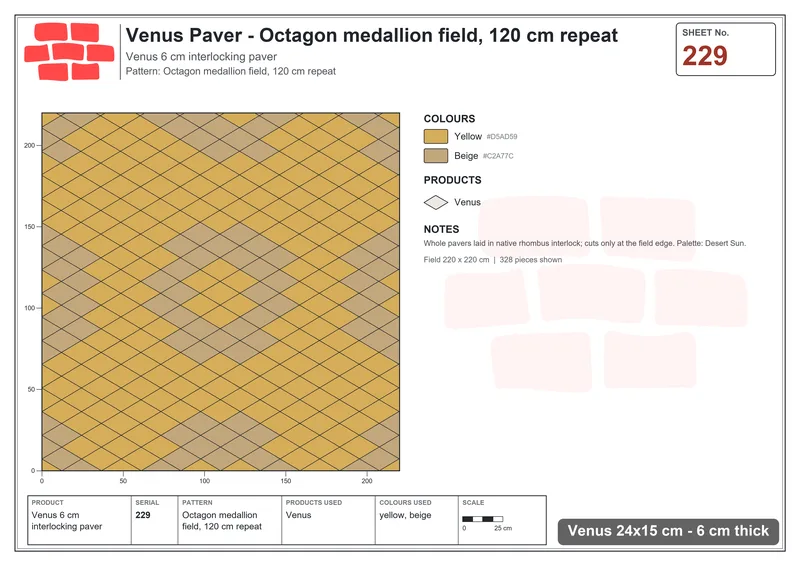Interlock (Pasco) 24x15 cm · VEN-229 · Octagon medallion field, 120 cm repeat · Laying plan