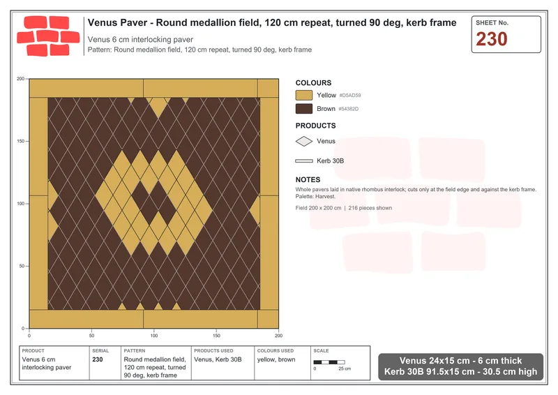 Interlock (Pasco) 24x15 cm · VEN-230 · Round medallion field, 120 cm repeat, turned 90 deg, kerb frame · Laying plan
