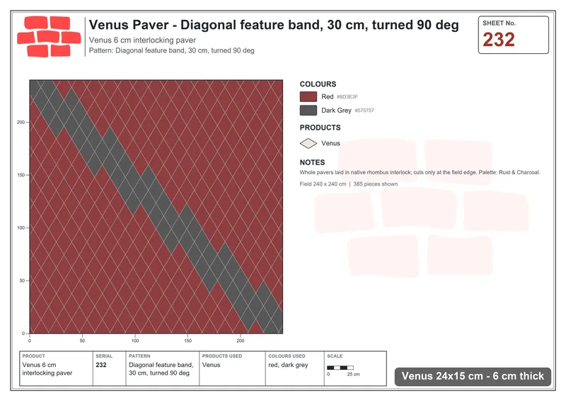 Interlock (Pasco) 24x15 cm · VEN-232 · Diagonal feature band, 30 cm, turned 90 deg · Laying plan
