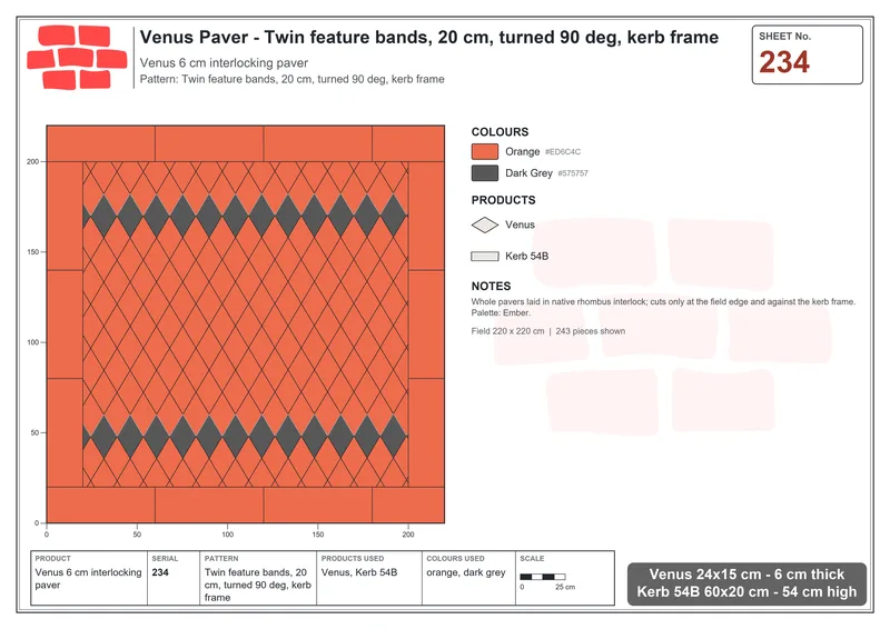 Interlock (Pasco) 24x15 cm · VEN-234 · Twin feature bands, 20 cm, turned 90 deg, kerb frame · Laying plan