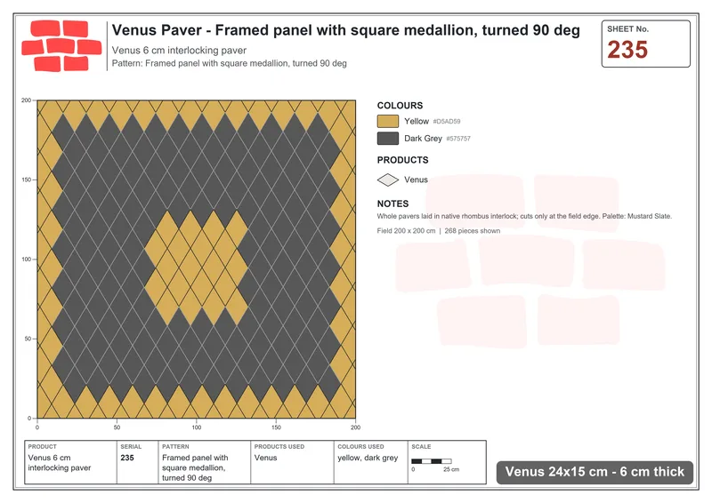 Interlock (Pasco) 24x15 cm · VEN-235 · Framed panel with square medallion, turned 90 deg · Laying plan