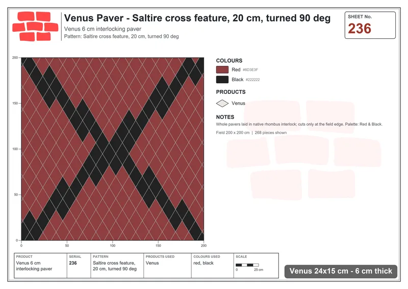 Interlock (Pasco) 24x15 cm · VEN-236 · Saltire cross feature, 20 cm, turned 90 deg · Laying plan