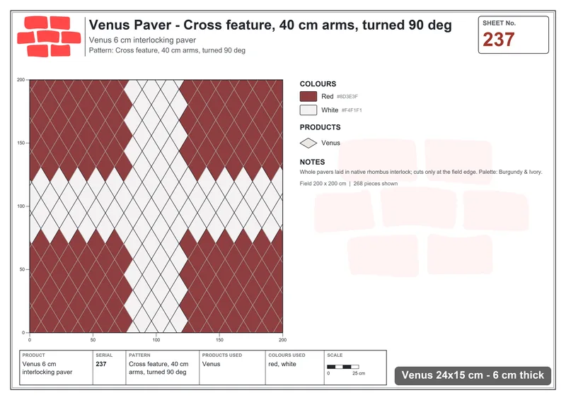 Interlock (Pasco) 24x15 cm · VEN-237 · Cross feature, 40 cm arms, turned 90 deg · Laying plan