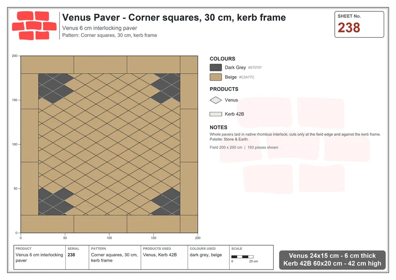 Interlock (Pasco) 24x15 cm · VEN-238 · Corner squares, 30 cm, kerb frame · Laying plan