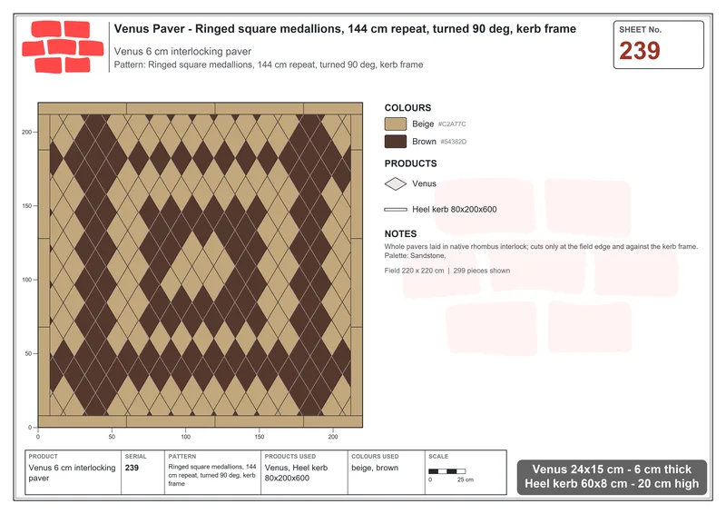 Interlock (Pasco) 24x15 cm · VEN-239 · Ringed square medallions, 144 cm repeat, turned 90 deg, kerb frame · Laying plan