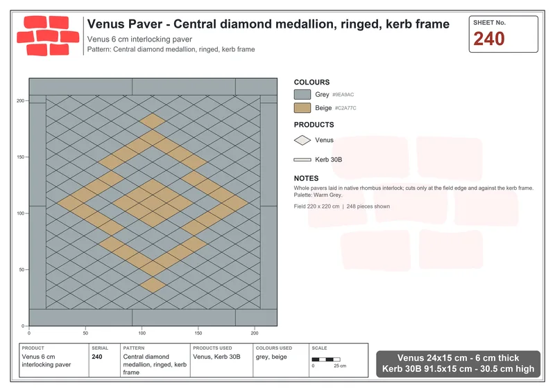 Interlock (Pasco) 24x15 cm · VEN-240 · Central diamond medallion, ringed, kerb frame · Laying plan