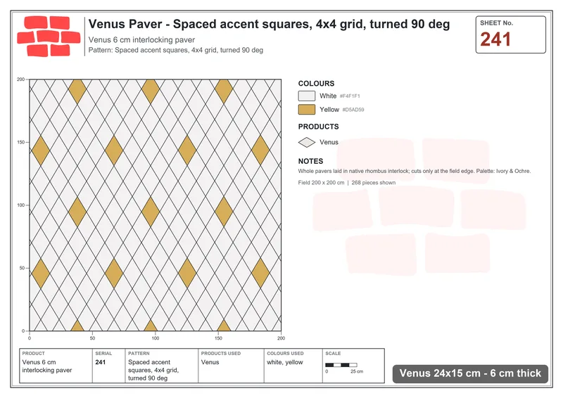 Interlock (Pasco) 24x15 cm · VEN-241 · Spaced accent squares, 4x4 grid, turned 90 deg · Laying plan