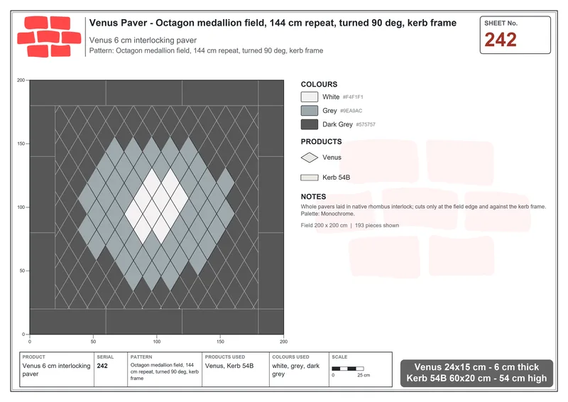 Interlock (Pasco) 24x15 cm · VEN-242 · Octagon medallion field, 144 cm repeat, turned 90 deg, kerb frame · Laying plan