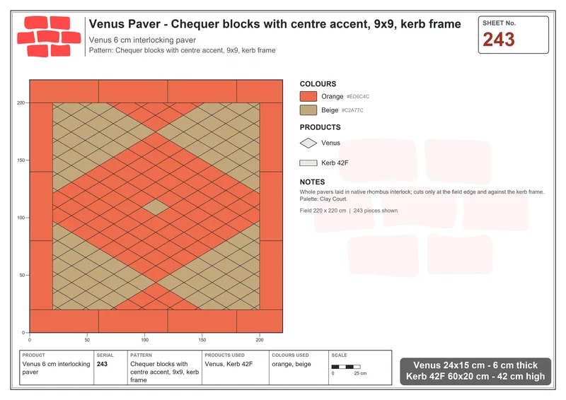 Interlock (Pasco) 24x15 cm · VEN-243 · Chequer blocks with centre accent, 9x9, kerb frame · Laying plan