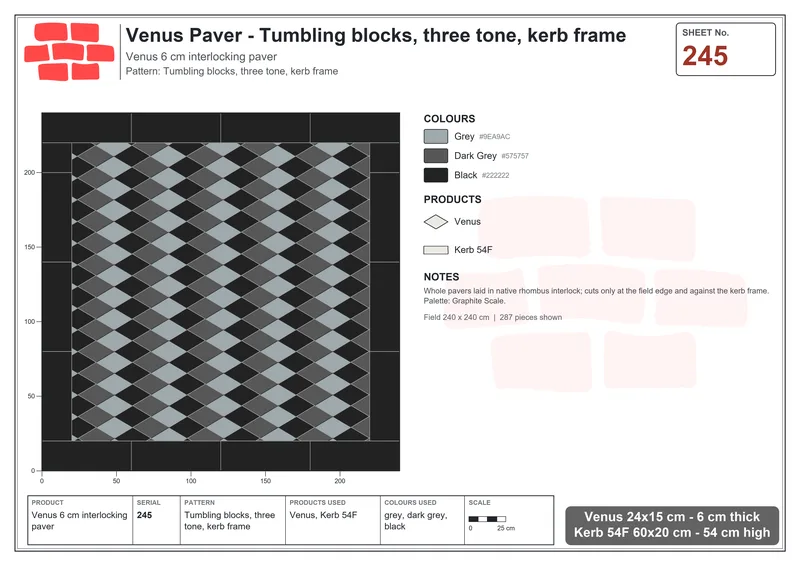 Interlock (Pasco) 24x15 cm · VEN-245 · Tumbling blocks, three tone, kerb frame · Laying plan