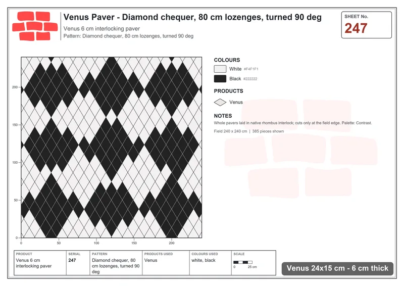 Interlock (Pasco) 24x15 cm · VEN-247 · Diamond chequer, 80 cm lozenges, turned 90 deg · Laying plan