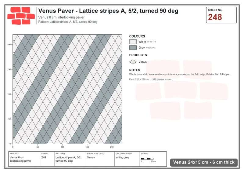 Interlock (Pasco) 24x15 cm · VEN-248 · Lattice stripes A, 5/2, turned 90 deg · Laying plan