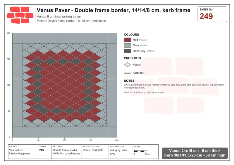 Interlock (Pasco) 24x15 cm · VEN-249 · Double frame border, 14/14/8 cm, kerb frame · Laying plan