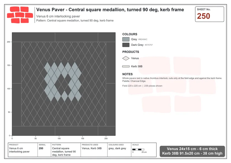 Interlock (Pasco) 24x15 cm · VEN-250 · Central square medallion, turned 90 deg, kerb frame · Laying plan