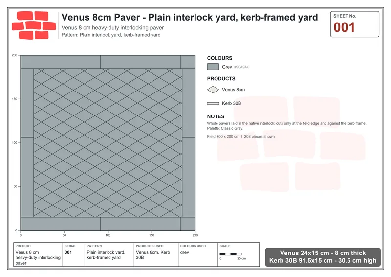 इंटरलॉक (पास्को) 24x15 सेमी · VEN8-001 · सादा interlock yard, kerb-framed yard · बिछाने का नक्शा
