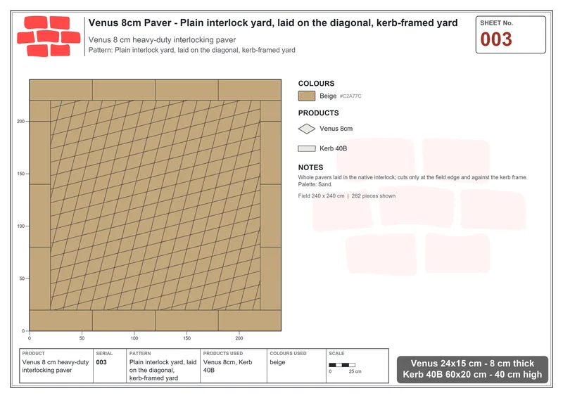 Interlock (Pasco) 24x15 cm · VEN8-003 · Plain interlock yard, laid on the diagonal, kerb-framed yard · Laying plan