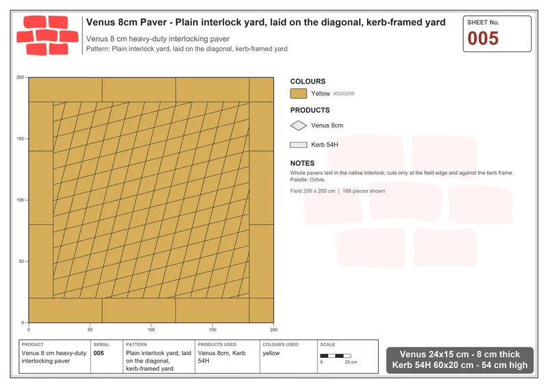 Interlock (Pasco) 24x15 cm · VEN8-005 · Plain interlock yard, laid on the diagonal, kerb-framed yard · Laying plan