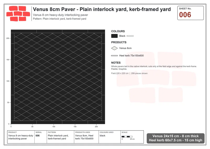 इंटरलॉक (पास्को) 24x15 सेमी · VEN8-006 · सादा interlock yard, kerb-framed yard · बिछाने का नक्शा