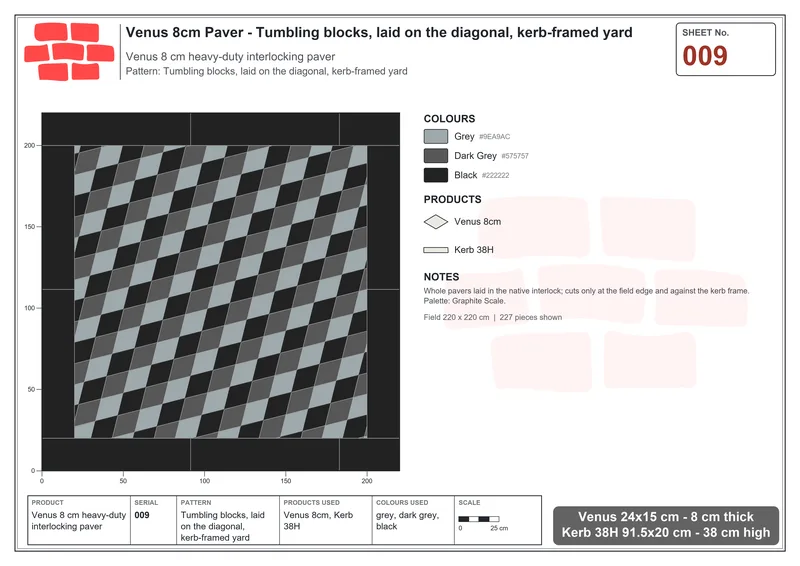 Interlock (Pasco) 24x15 cm · VEN8-009 · Tumbling blocks, laid on the diagonal, kerb-framed yard · Laying plan