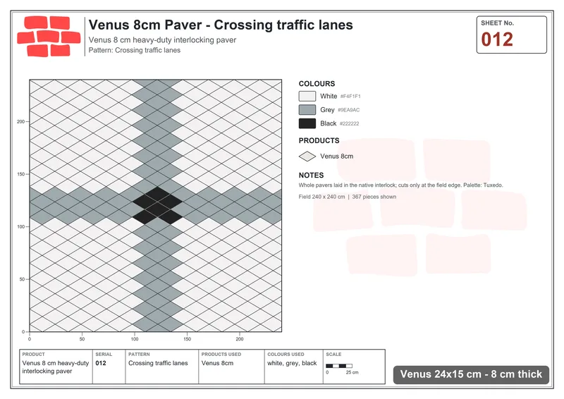 इंटरलॉक (पास्को) 24x15 सेमी · VEN8-012 · क्रॉसिंग traffic lanes · बिछाने का नक्शा
